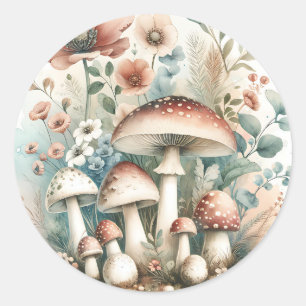 Sticker Rond Cottage Champignons et fleurs vintages