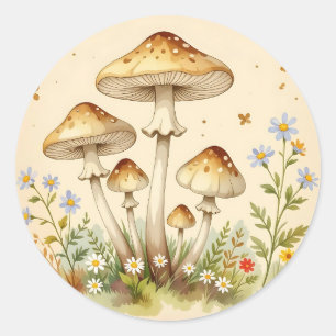 Sticker Rond Cottage Core Champignons et Fleurs Vintage