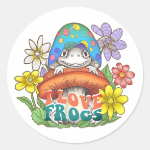 Sticker Rond Cottage Core I Love Frogs Champignons