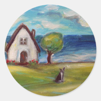 Sticker Rond Cottage d'été Boston Terrier