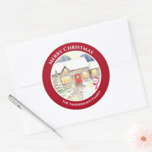 Sticker Rond Cottage neige Snowman Aquarelle Cercle rouge