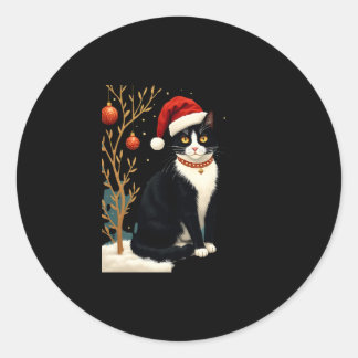 Sticker Rond Cottagecore Tuxedo Cat Funny Xmas Aesthetic Santa 