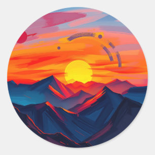 Sticker Rond Coucher de soleil Abstrait sur les montagnes avec