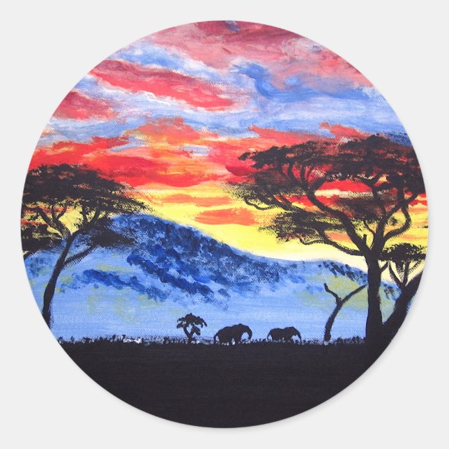 Sticker Rond Coucher de soleil africain Safari animal Silhouett (Devant)