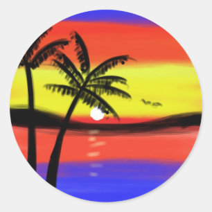 Sticker Rond Coucher de soleil avec palmiers