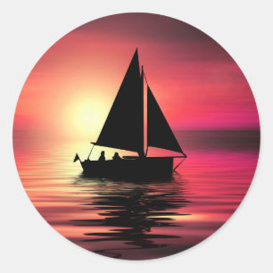 Sticker Rond Coucher de soleil, Bateau à voile dans la mer-3918