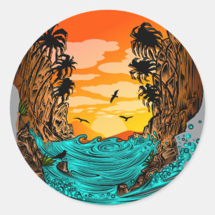 Sticker Rond Coucher de soleil de palmier