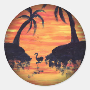 Sticker Rond Coucher de soleil flamant rose art par EelKat