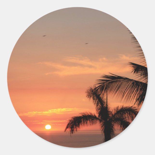 Sticker Rond Coucher de soleil hawaïen orange, oiseaux et palmi (Devant)