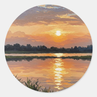 Sticker Rond Coucher de soleil jaune chaud au bord du lac