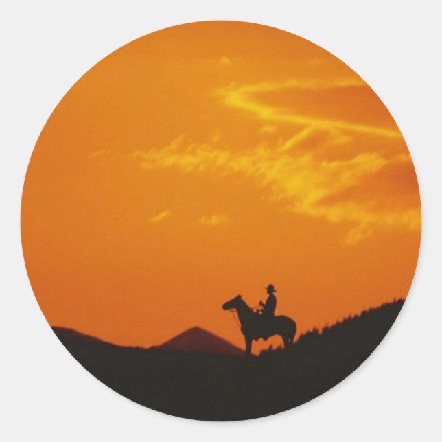Sticker Rond Coucher de soleil orange avec silhouette Cowboy (Devant)