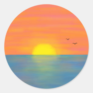 Sticker Rond Coucher de soleil Orange rose jaune Bleu Peinture