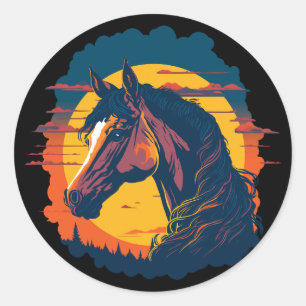 Sticker Rond Coucher De Soleil Rétro Et Tête De Cheval