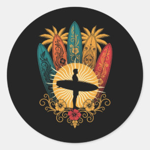 Sticker Rond Coucher de soleil rétro Hawaï vague planche de sur