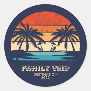 Sticker Rond Coucher de soleil Rétro Voyage famille Plage Palm 