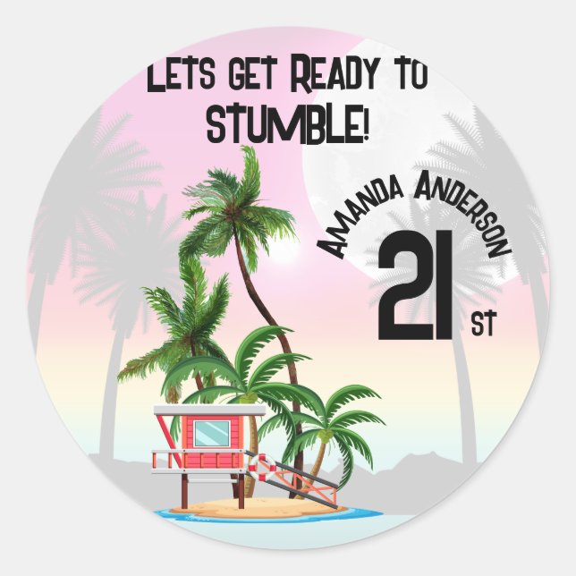 Sticker Rond Coucher de soleil sur l'île tropicale Palm Tree (Devant)