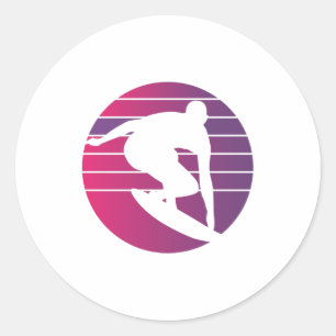 Sticker Rond Coucher de soleil surfeur Rétro
