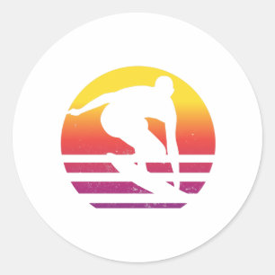 Sticker Rond Coucher de soleil surfeur Rétro
