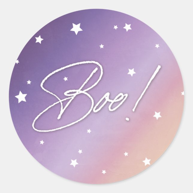 Sticker Rond Coucher De Soleil Violet Étoiles Éparpillées Boo ! (Devant)