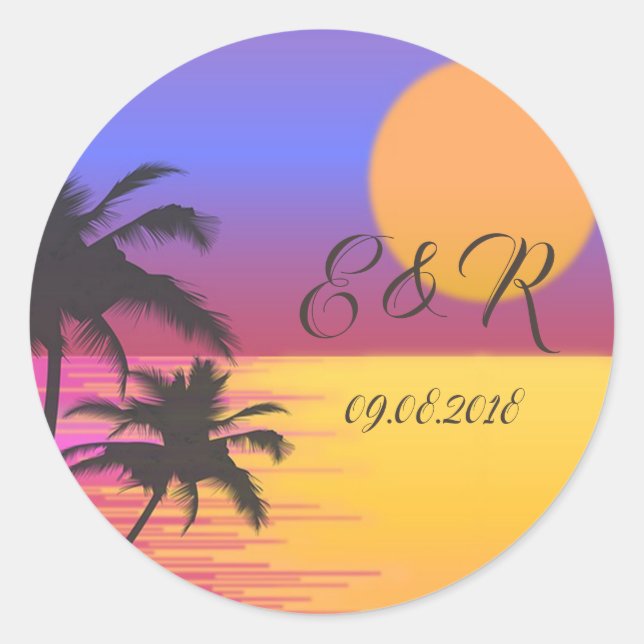 Sticker Rond Coucher du soleil de mariage sur la plage (Devant)