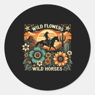 Sticker Rond Coucher du soleil fille équitation Cheval Fleurs s