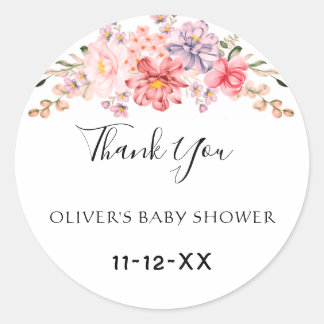 Sticker Rond Couleur Dusty Rose Floral Baby shower Merci Clas