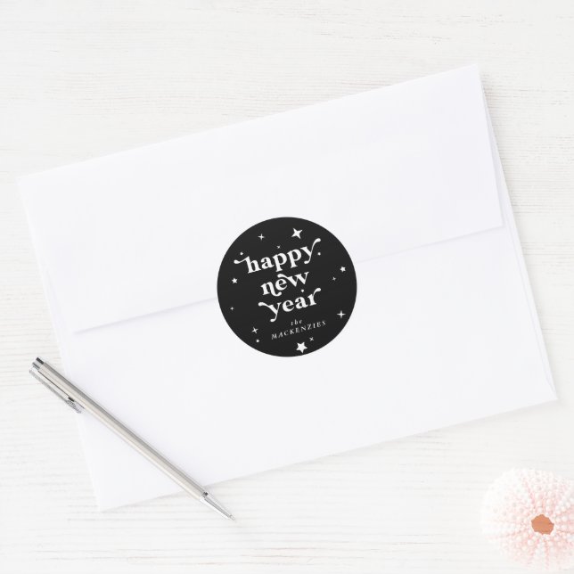 Sticker Rond Couleur personnalisée Bonne année + étoiles (Enveloppe)