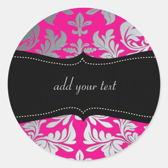 Sticker Rond Couleur personnalisée/Faux argent baroque damassé  (Devant)