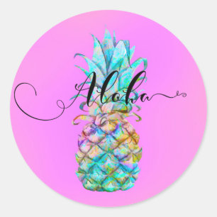 Sticker Rond Couleur Rose Tropicale Éclaboussure d'Ananas Luau 