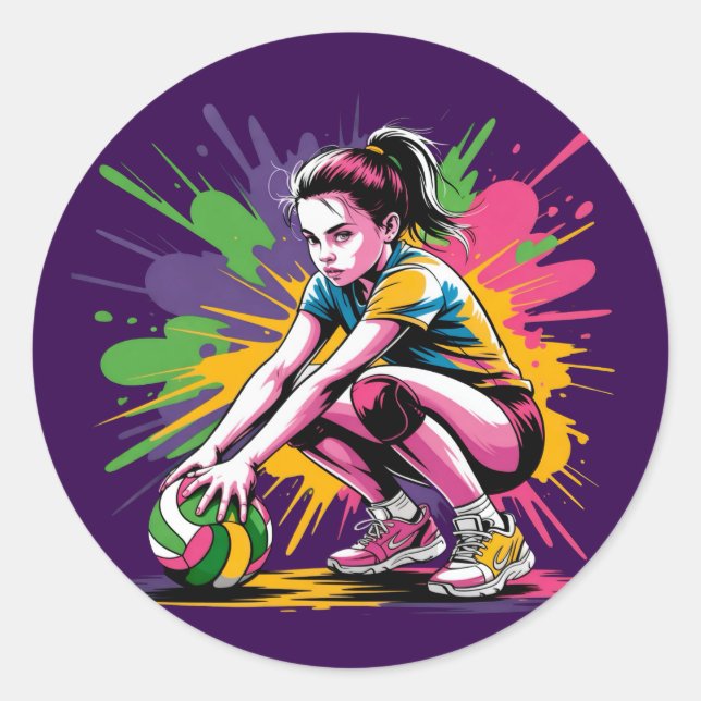 Sticker Rond Couleur Splash Volleyball Fille Anniversaire (Devant)