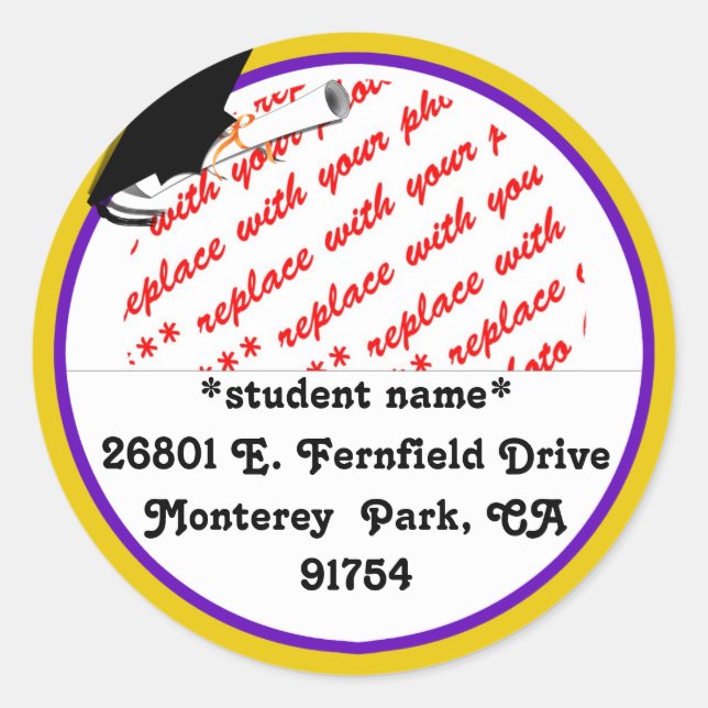 Sticker Rond Couleurs de l'école Purple & Gold cadre de graduat (Devant)