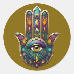 Sticker Rond Couleurs de paon Hamsa avec troisième œil en or