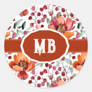 Sticker Rond Couleurs Terreuses, Fleurs d'Automne Monogrammées