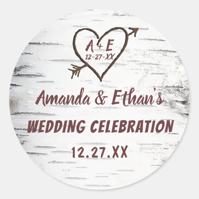 Sticker Rond Country Birch Tree Bark Heart Flèche Mariage rusti (Devant)