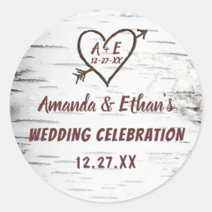 Sticker Rond Country Birch Tree Bark Heart Flèche Mariage rusti