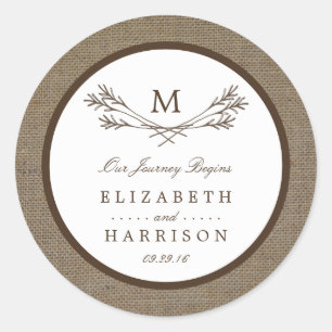 Sticker Rond Country Rustic Monogramme Branche & Mariage Burlap