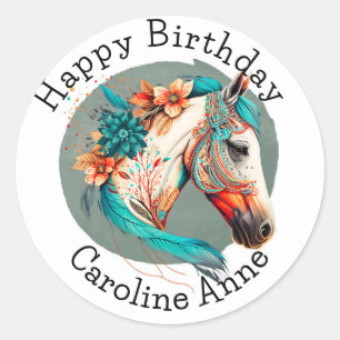 Sticker Rond Country Western Boho Horse fête d'anniversaire