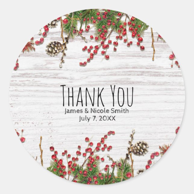 Sticker Rond Country Winter Holiday Berries & Pine Cone Mariage (Devant)