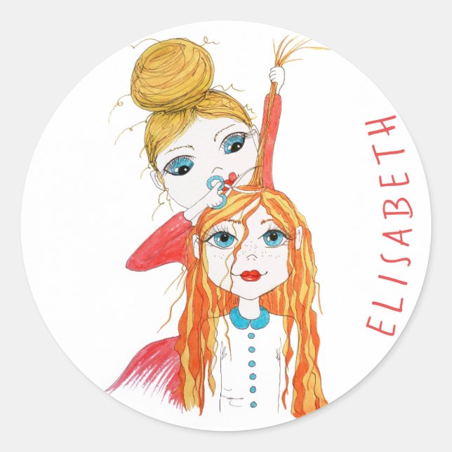 Sticker Rond Coupe de cheveux mignonne Illustration Whimsical P (Devant)