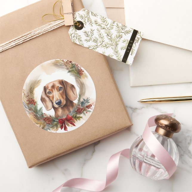 Sticker Rond Coupe de fête de la couronne de Noël de Dachshund (Cadeaux)