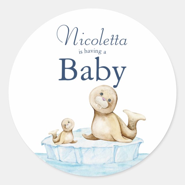 Sticker Rond Coupe de phoque sur le Baby shower d'hiver de glac (Devant)