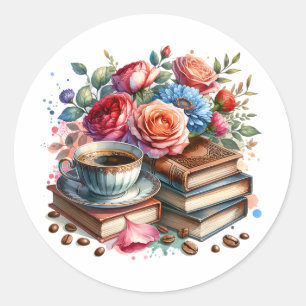 Sticker Rond Coupe et fleur de café Vintage Lise et brillante