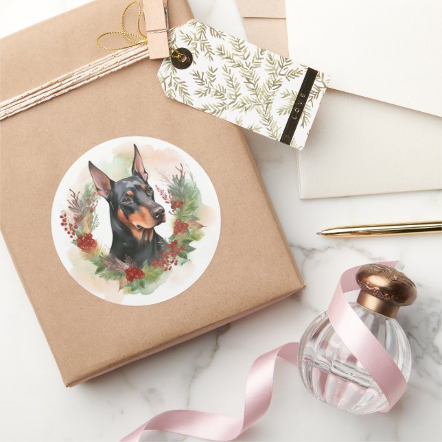 Sticker Rond Coupe festive Doberman Christmas Wreath (Cadeaux)