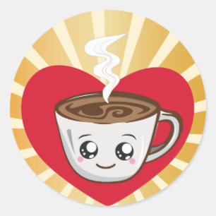 Sticker Rond Coupe Kawaii de café avec amour le matin