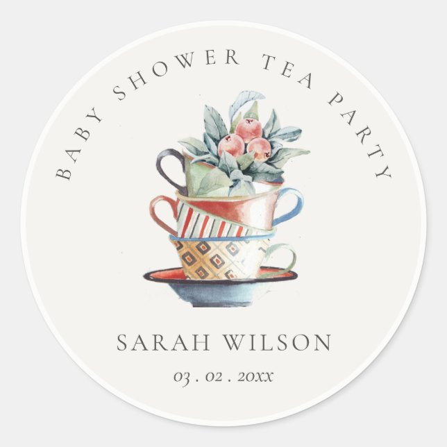 Sticker Rond Coupes Pastel Stoppées Baby shower Floral Tea Part (Devant)