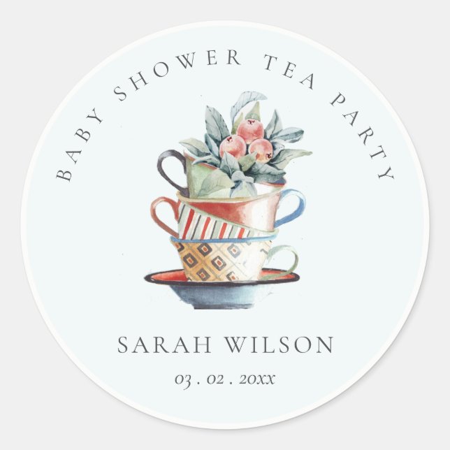 Sticker Rond Coupes Stoppées Sky Blue Baby shower Floral Tea Pa (Devant)