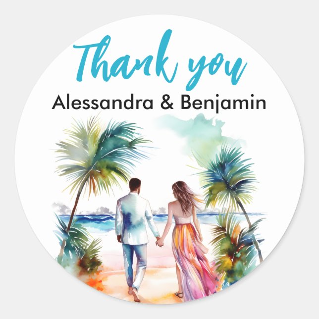 Sticker Rond Couple à l'aquarelle de mariage de plage | Cadeaux (Devant)