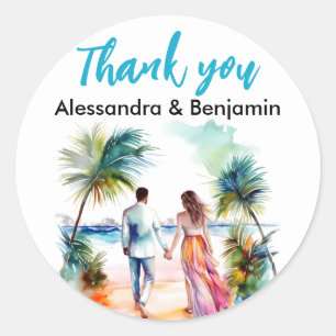 Sticker Rond Couple à l'aquarelle de mariage de plage   Cadeaux