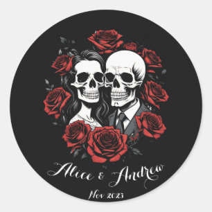 Sticker Rond Couple crâne gothique avec nom personnalisé rose