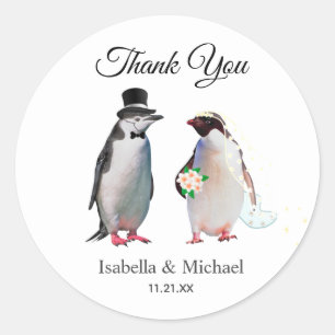 Sticker Rond Couple de manchots élégants Merci Mariage